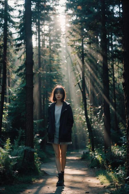 Best Quality,Masterpiece,Ultra High Resolution,(Realisticity:1.4),Original Photo,Cinematic Lighting,
1Girl,<lora:Tyndall effect-Light:0.6>,full body,light through the trees,