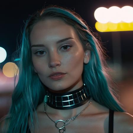 Super high res closeup portrait photo of a stunning woman with (glass hair) at night in a cyberpunk city, wearing a small string choker around her neck,f /2.8, Canon, 85mm,analog, fiilm grain , <lora:asmrdarling_xl_2_standard_merger_21_51_055_045:1.2>