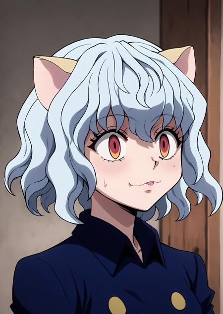 hxhpitou white hair, short hair, wavy hair cat ears, cat tail long sleeves, blue shirt, brown shorts, socks, shoes smile, :3