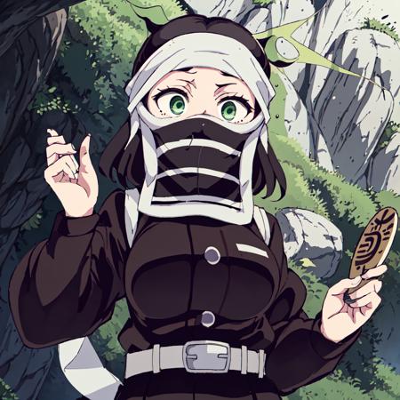 <lora:Kakushi_Girl-10:1>outdoor,forest,high quality,Masterpeace,Kakushi_Girl, 1girl, solo, black hair, green eyes, belt, horizontal stripes mask, black and white mask, white belt, demon slayer uniform,bandana,short hair,forehead