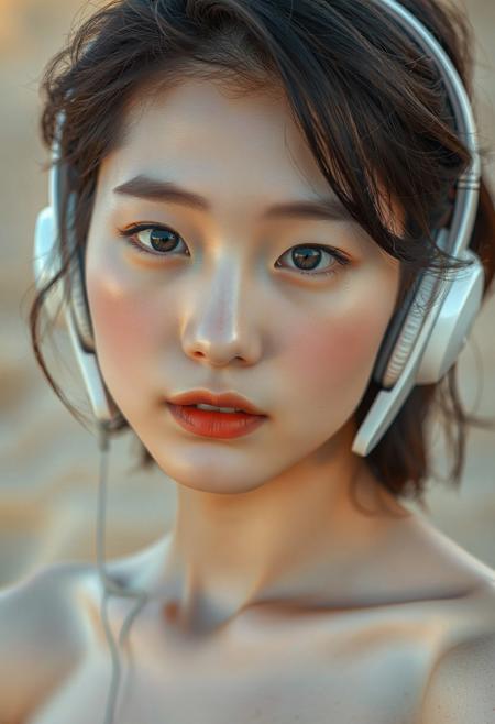 DSLR-style, glamorous and elegant 26-year-old Korean model, extremely milky white skin with porcelain glow, smooth and luminous, flawless soft matte finish with light reflecting quality, Korean idol skin tone, subtle gradient from center to jawline, extremely pale white skin, parted lips,
barely visible pores, uniform soft tone, studio-lit skin, full body, deep cleavage, extremely cleavage breasts.
A  captures a young individual with fair skin and subtle rosy cheeks, gazing directly at the viewer with a neutral yet engaging expression. Their dark, slightly wavy hair frames a face with delicate features, including a small, defined nose and full, natural lips. Soft, diffused lighting illuminates their face, highlighting the gentle curve of their jawline and the subtle texture of their skin. The individual has dark eyes with a hint of warmth in their tone. They are wearing headphones that rest over their ears,  The background is softly blurred, hinting at an outdoor setting with muted, earthy tones of beige and brown, possibly suggesting sand or a natural, sun-drenched environment. The overall mood is serene and contemplative, focusing on the subject's calm presence and direct gaze. The style evokes a feeling of natural beauty and quiet introspection. The lighting suggests either soft daylight or a carefully controlled studio setup mimicking natural light. The focus is sharp on the subject's face, with a shallow depth of field drawing attention to their features and expression.
