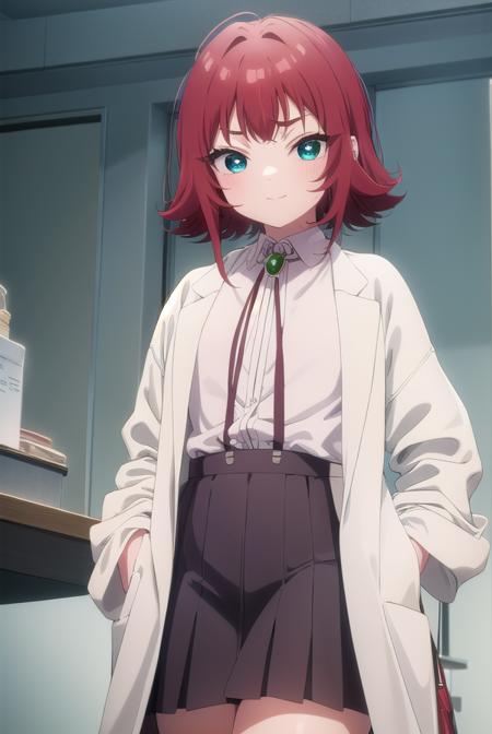 kusuriyakuzen, <lora:kusuri yakuzen s1-lora-nochekaiser:1>,
kusuri yakuzen small, short hair, (green eyes:1.3), white shirt, red hair, pleated skirt, socks, collared shirt, black skirt, neck ribbon, suspenders, antenna hair, black socks, (labcoat:1.2), suspender skirt, female child, smile,
BREAK ,
BREAK indoors, classroom,
BREAK looking at viewer, (cowboy shot:1.5),
BREAK <lyco:GoodHands-beta2:1>, (masterpiece:1.2), best quality, high resolution, unity 8k wallpaper, (illustration:0.8), (beautiful detailed eyes:1.6), extremely detailed face, perfect lighting, extremely detailed CG, (perfect hands, perfect anatomy),