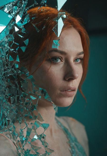 Through the Looking Glass: Shattered Yet Whole, cinematic, teal orange color light, shadows. 
An AI-crafted masterpiece reveals a woman’s poise behind broken glass, symbolizing wholeness amidst life’s fragmented experiences. digital AI. processed in unreal engine, highly rendered.