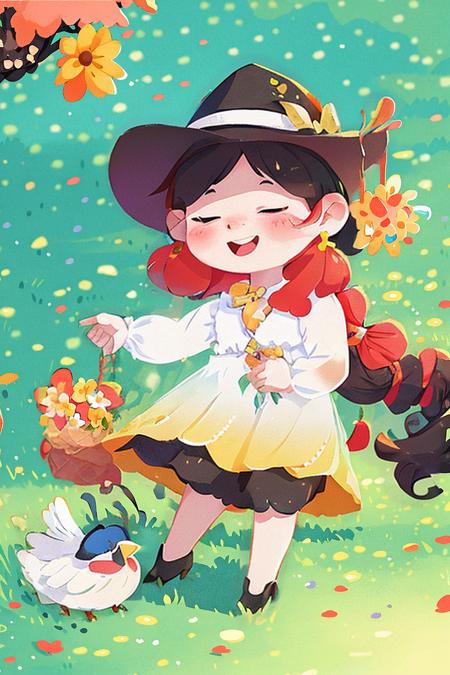 a girl,hat, flower, closed eyes, solo, grass, no humans,, standing, bird, blush, full body, gradient background, (illustration:1.0), masterpiece, best quality, <lora:Child illustrationa_20230804152414:0.83>