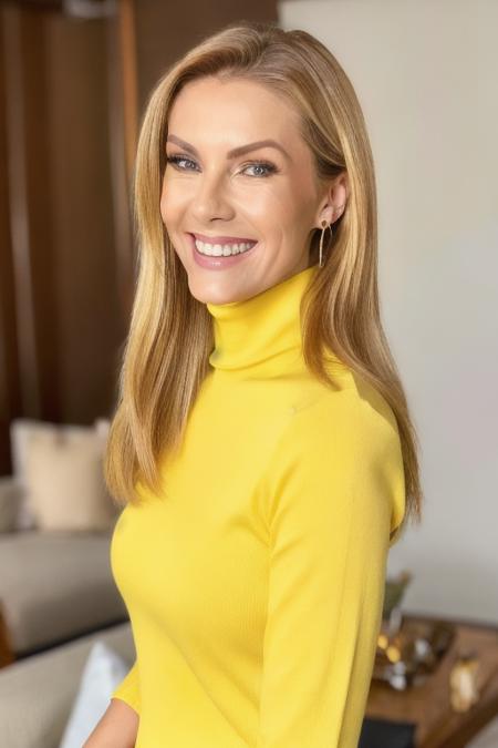 Photo of beautiful an4h1ckm4nn woman, detailed face, smiling, (blurred background)+, yellow turtleneck blouse, in a living room