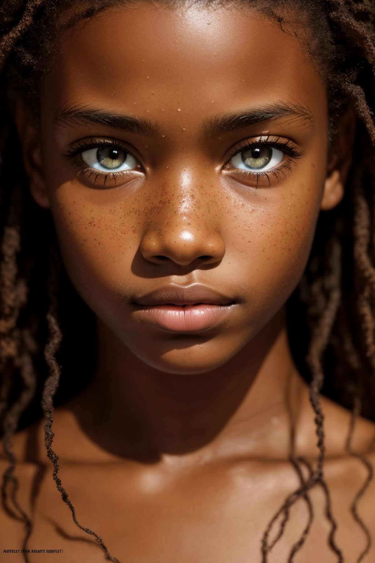 A close-up of a young girl with a prominent nose and green eyes.
