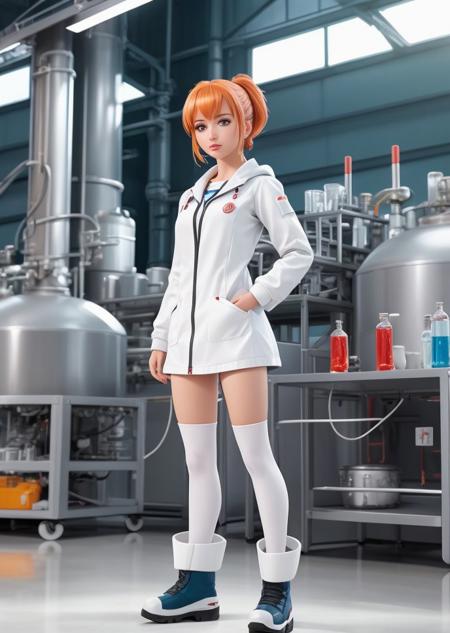 a female character stand on the white floor, chemistry factory background