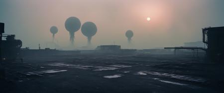 sci-fi aesthetics, film photography style, a moody picture of Gas Giant alien landscape composed primarily of hydrogen and helium, with no solid surface and a thick atmosphere (with a derelict loading bay in the background:1.2), cloudy weather, at dawn, dim lit, foggy, muted colors, hazy, vintage, analog style <lora:SDXL_FILM_PHOTOGRAPHY_STYLE_Alphav0.2:1>