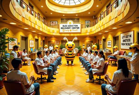 A quirky, humorous medical center specialized in treating people addicted to a fictional drug called Buzz. The center has a honeycomb-shaped building, with large bee statues holding medical equipment at the entrance. Doctors and nurses dressed in bee-themed scrubs attend to patients in bright yellow rooms decorated with honey jars and buzzing bees. A large sign reads "Buzz Addiction Recovery Center" , with text:"Let’s Get You Unstuck from the Buzz!" Inside, patients sit in therapy circles, holding honey jars like IV drips, while giant bee mascots lead wellness classes. The atmosphere is lighthearted, with honey-themed motivational posters like "Bee Yourself!" hanging on the walls.