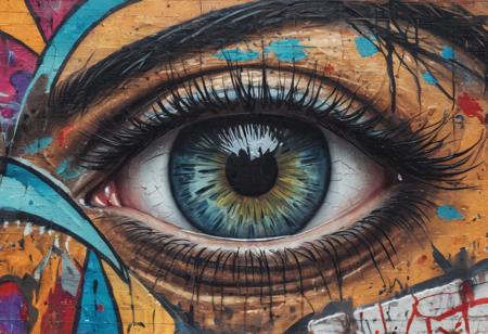 texture Graffiti style A large eye . Street art, vibrant, urban, detailed, tag, mural top down close-up