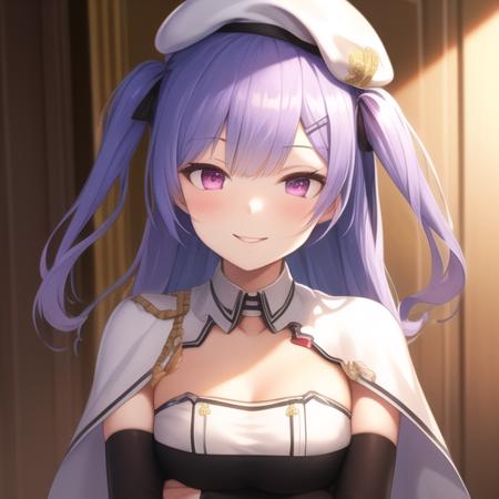 (masterpiece, best quality:1.2),illustration,8k,hd,1girl,solo,upper body,(portrait:1.2),ajax (azur lane),aiguillette,bangs,beret,black legwear,brown footwear,capelet,detached sleeves,hair ornament,hairclip,hat,high-waist skirt,loafers,long hair,long sleeves,pantyhose,pink eyes,purple hair,red skirt,ribbon,skirt,sleeves past wrists,smile,two side up,white hat,yellow ribbon,<lora:Ajax(azur)>,