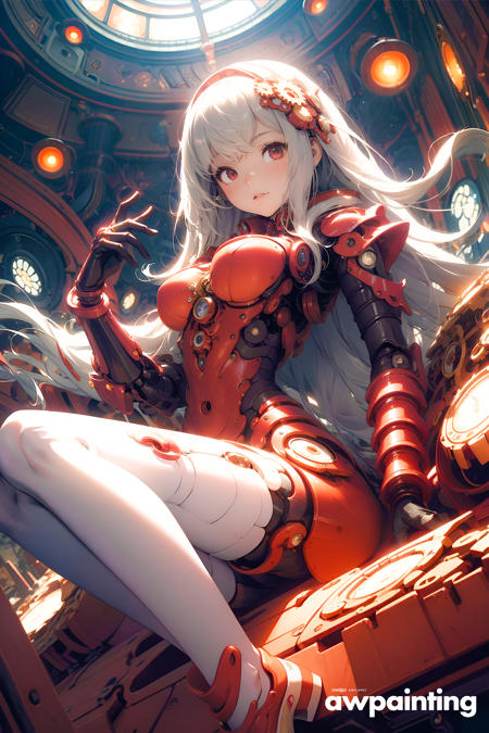 (Fisheyes, masterpiece, top quality, best quality, official art, beautiful and aesthetic, animation), (1girl), (fractal art:1.3) wear mechanical suit, the girl is lying on a red mechanical floor covered with mechanical objects, in the style of nightcore, light gray and white, dimensional multilayering, applecore, ferrania p30, neo-pop, dullcore
