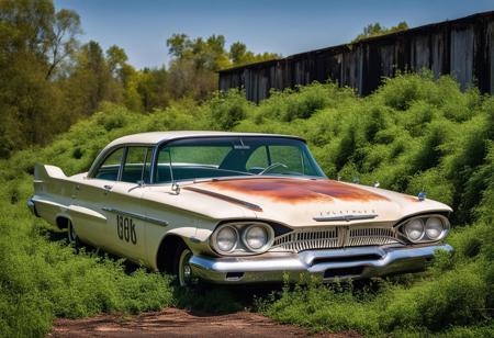 (high res photography, UHD,8k), funny bizarre weird 1960 Plymouth Belvedere, design concept style, two-tone paintjob, background abandoned overgrown Art Deco cinema,