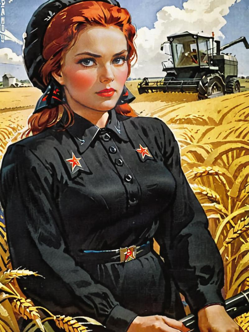 A woman in a black dress stands next to a tractor in a field of wheat.