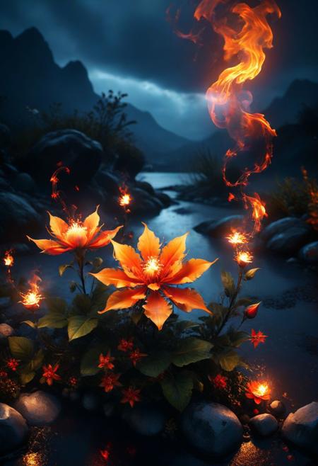 firemode, official art, unity 8k wallpaper, ultra detailed, beautiful and aesthetic, masterpiece, best quality,
(magical, air, fire, water, earth:1.2), (style-paintmagic:1.0)
style by Yuumei,best quality,high resolution,8k aesthetic,mesmerise celestial moonlight, fire flowers, floral atmosphere, snow covered, freezing cold, stormy sky, rocks near pond, vibrant light-trail effect on a realistic,hyperdetailed glowing floral, flame foliage,dreamlike oasis-garden naughty daemon  inspired by Jarek Kubicki huge busy detailed scene
