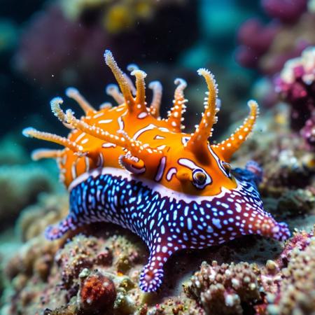 underwater high angle shot of close up of a colorful Nudibranch sea slug on a coral with a blurry background, underwater macro photography, a macro photograph, naturalism