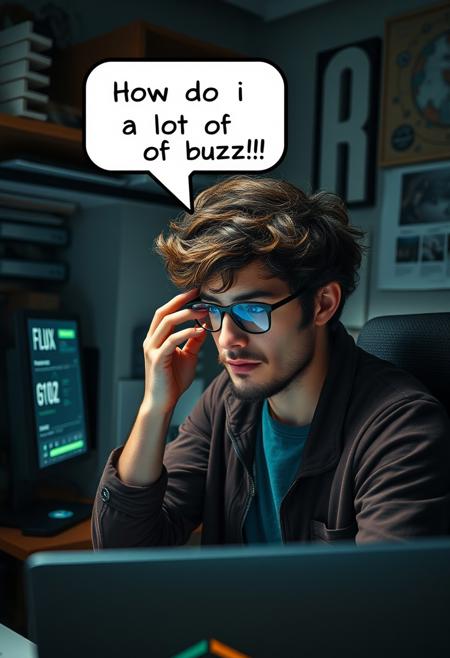 Photorealistic, a tech nerd with messy curly hair is rubbing his face, his screen reading 'flux generate'. His room is dark and cluttered. A speech bubble above his head reads, "how do i get a lot of buzz!!"