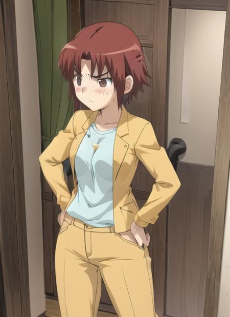 <lora:KosudaKazuki:0.7> KosudaKazuki, 1girl, solo, blush, brown hair, jacket, frown, curtains, hands on hips