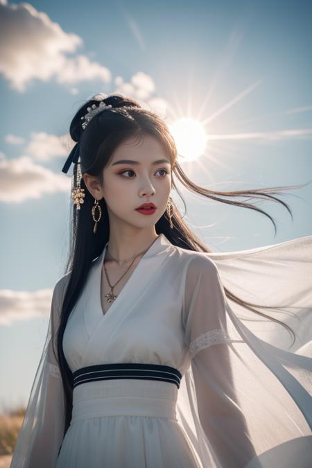 ltra-detailed,highly detailed,best quality,masterpiece,illustration,realistic,photorealistic,
hanfu, 1girl, solo,
chinese clothes,see-through sleeves, obi, hair ribbon, jewelry, earrings, necklace,
makeup,
upper body, looking at viewer,
outdoors,sky, day, cloud, dawn,sun,wind, floating hair, floating clothes,
sunlight, lens flare,
<lora:white hanfu_v1_01:0.7>