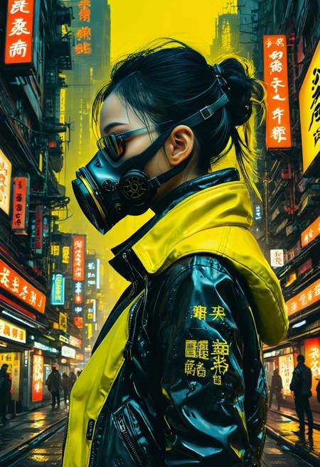 A captivating conceptual painting portrays a cyberpunk character within a futuristic, stark, and visually striking setting. The character, seen in profile, dons a black gas mask with yellow inserts and a black leather jacket with neon green highlights. The background is a bold, toxic yellow, juxtaposed with pink and black accents. Intricate Japanese characters are interwoven into the backdrop, amplifying the futuristic and cyberpunk ambiance. The urban, edgy, and enthralling tone is perfectly encapsulated in this artwork, which serves as a magnificent illustration of the fusion between ukiyo-e and modern cyberpunk styles.