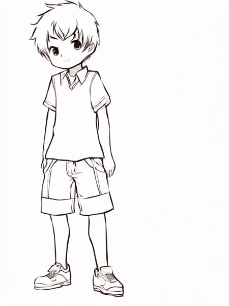 1boy, aogami, lineart, monochrome,full body,shorts, shirt, <lora:aogami_v11:1>