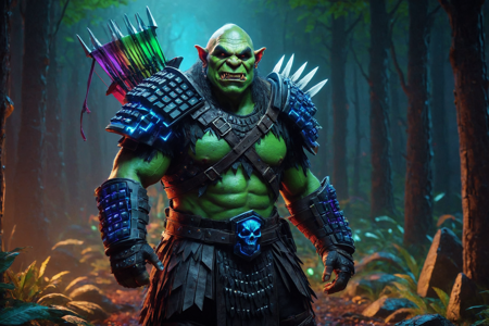 an orc hunter made out of RGB Keyboards, with green skin, wearing a leather tunic, holding a bow, with a quiver of arrows, solo, from the Shadowskull Clan, with dark cloaks shimmering with RGB lights and skull trophies, a neon orc stronghold with glowing stone walls, RGB wooden spikes, a central hall with RGB lights, detailed background, teaching wisdom, speaking to younger orcs, with RGB lights shimmering, joyful, wide smile, with bright RGB lights, dynamic angle, wide shot, a digital pit fight tournament with orcs fighting, crowds cheering, blood with RGB lights on the ground, a glowing RGB stretched hide with RGB lights, nearby, on a neon forest floor, covered in leaves with RGB lights, an RGB glow with vibrant RGB lights, electric ambiance, twilight, soft purple hues, stars emerging, cool air, best quality, vibrant colors, realistic style, high detail, high-definition, hyper-realistic, extremely high-resolution details, fine texture, incredibly lifelike, realistic, not cartoon, not drawing, highres, 4K resolution, source photo, realistic photo, masterpiece, best quality, amazing quality, very aesthetic, ultra-detailed, detailed textures, natural lighting, soft light, cyberpunk neon colors, deep blues, fiery reds, RGB pulse, rhythmic and dynamic, close-up shot, <lora:RGB_Keyboard_themed-000008:1>