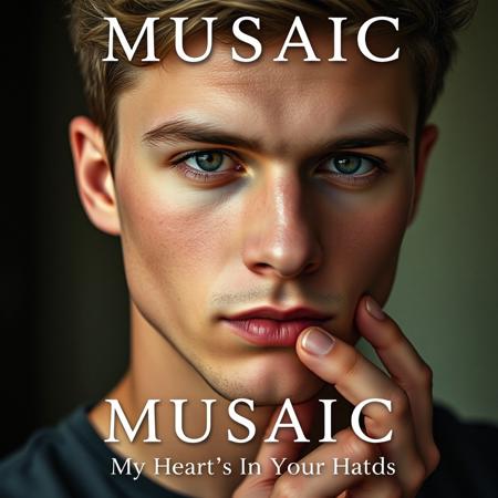 high quality design aesthetics, soulful, introspective, emotive, detailed, pop album cover, young white man, artist name "MUSAIC", album title "My Heart's In Your Hands"