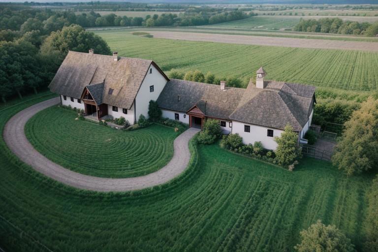 top view, from 150 feet above, wide farmstead with a large main home with a barn to one side near to village , plants and forest at the river and lake side, translucent, high quality photography, 3 point lighting, flash with softbox, 4k, Canon EOS R3, hdr, smooth, sharp focus, high resolution, award winning photo, 80mm, f2.8, bokeh, undefined