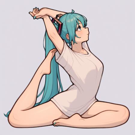 yujia pose,stretch,arms up,sitting,full body,profile,split,from side,feet,