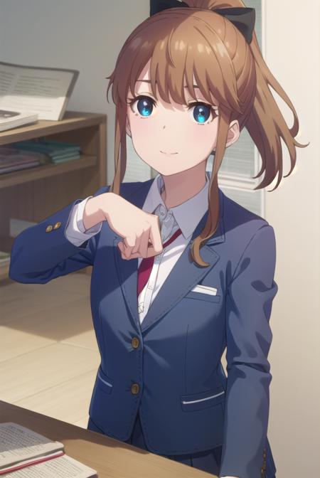 akatsukiminami, <lora:akatsuki minami s1-lora-nochekaiser:1>,
akatsuki minami, blue eyes, brown hair, ponytail, hair bow, sidelocks, black bow, smile,
BREAK shirt, school uniform, jacket, white shirt, necktie, collared shirt, blazer, red necktie, red skirt, skirt,
BREAK indoors, classroom,
BREAK looking at viewer, (cowboy shot:1.5),
BREAK <lyco:GoodHands-beta2:1>, (masterpiece:1.2), best quality, high resolution, unity 8k wallpaper, (illustration:0.8), (beautiful detailed eyes:1.6), extremely detailed face, perfect lighting, extremely detailed CG, (perfect hands, perfect anatomy),