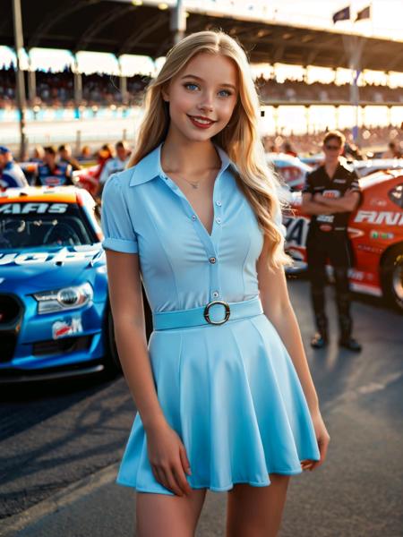 breathtaking a woman in a blue dress standing in front of a race car in a pit area with a man in the background, Anna Katharina Block, girl, a stock photo, superflat . award-winning, professional, highly detailed