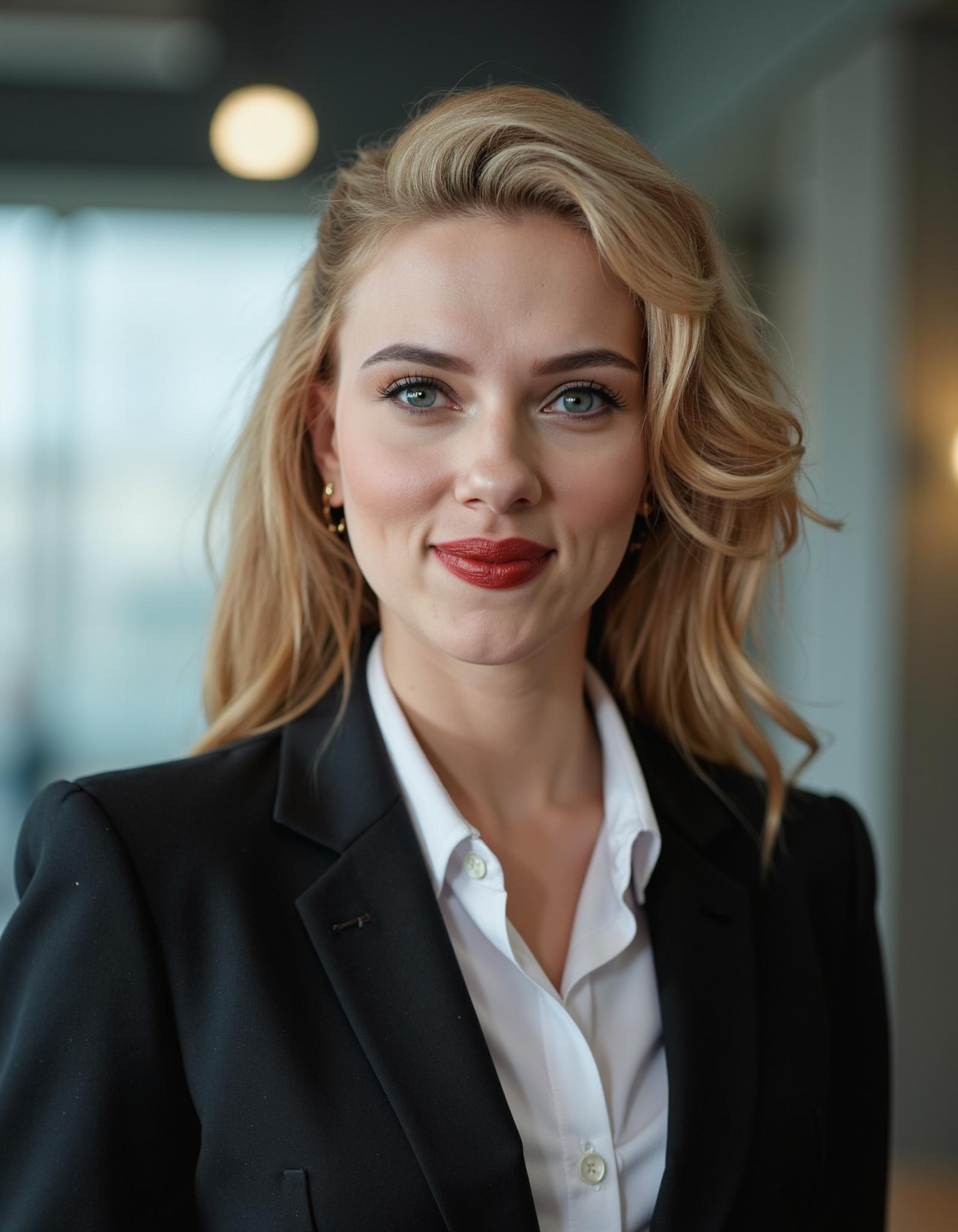 Mid-shot portrait of a beautiful scarlett johansson in his 30s in an hi tech office with blazer and a shirt under  <lora:scarlett_johansson_flux_lora_v1_000002200:1>