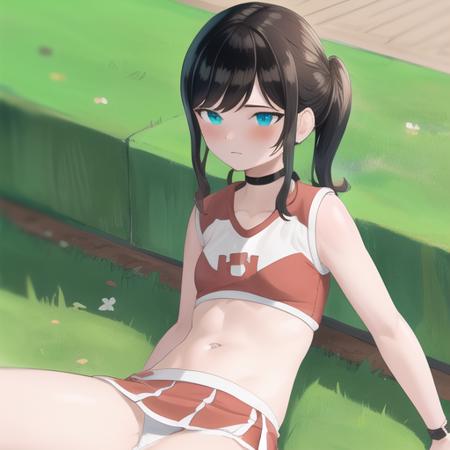 ch33r, red outfit, bare arms, midriff, red wristband, white socks, red shoes