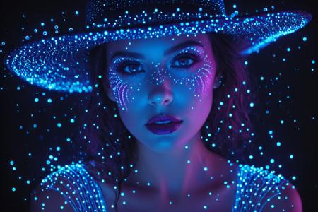 a woman with vibrant, glowing bioluminescent patterns and sparkling particles on her face, primarily in electric pink, blue, and purple hues. She has striking light eyes and slightly parted, dark lips. She wears a wide-brimmed hat, also outlined with intense neon glow, creating a striking visual. Numerous glowing, translucent bubbles in various sizes and colors (blue, pink, purple) float around her, contributing to a surreal, ethereal, and festive atmosphere. The lighting is dramatic, emphasizing the radiant glow on her skin and features.