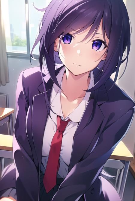 miokunosato, <lyco:miokunosato-LYCORIStest:1>,
mio kunosato, long hair, black hair, very long hair, (purple eyes:1.1), ponytail,
BREAK school uniform, necktie, labcoat,
BREAK looking at viewer, hands behind head,
BREAK indoors, classroom,
BREAK <lora:GoodHands-vanilla:1>, (masterpiece:1.2), best quality, high resolution, unity 8k wallpaper, (illustration:0.8), (beautiful detailed eyes:1.6), extremely detailed face, perfect lighting, extremely detailed CG, (perfect hands, perfect anatomy),