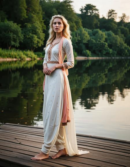 RAW full body analogue photo of a beautiful 25 years old woman, clear focus, high resolution image, pale skin freckles (Platinum-blonde Scottish woman),  ,RAW full body analogue photo of a beautiful 25 years old , high resolution image, Wearing traditional Indian clothes ((Salwar Kameez)), Natural hair, low light, soft natural light, Rembrandt style light, Hasselblad DLSR camera, 200mm Zeiss lens, f/2.8, Camerera view low-angle shot ,Sexy pose, erotic pose, exhibitionism ,Waterfront promenade, ,,photo Fantasy art combining the styles of Boris Vellejo and Luis Royo,Photorealistic, real photo, god rays, 1girl, 21yo,realistic, ,Sexy pose, erotic pose, exhibitionism, ,A tranquil lakeside cabin with a dock and rowboat