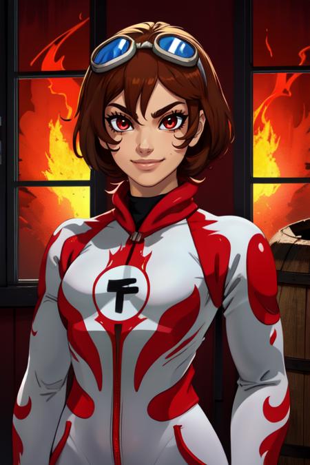 Heat, brown hair, red eyes, goggle on head, 
white and red body suit  with flames,   red gloves, 
solo, upper body, standing,  smile, 
burning building, windows, barrels, 
 (insanely detailed, beautiful detailed face, masterpiece, beautiful detailed eyes, best quality) 
 <lora:heat-10:0.7>