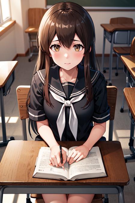 masterpiece, best quality, highres, aaakagi, long hair, black serafuku, black sailor collar, white neckerchief, black shirt, short sleeves, <lora:akagi_(kancolle)_v1:0.8>, sitting, desk, book, chair, classroom