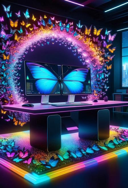 butterflyStyle,   futuristic workspace, digital art, dual monitors, VR headset, AI robot, glowing holograms, surreal tech, floating graphs, colorful rainbows, digital interface, neon lighting, sci-fi office, technology innovation, creative tech environment, vibrant colors, cyberpunk aesthetics, tech evolution, future labl