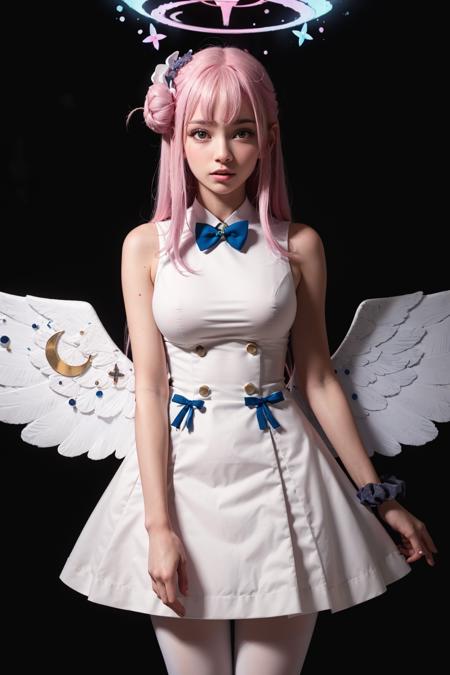 1girl, solo, BAMika, long hair, hair bun, hair ornament, pink hair, white dress, blue bowtie, yellow eyes, upper body portrait, medium breasts, skirt, looking at viewer, blue scrunchie, wrist scrunchie legs, white pantyhose, angel wings, halo, <lora:BAMika:1>