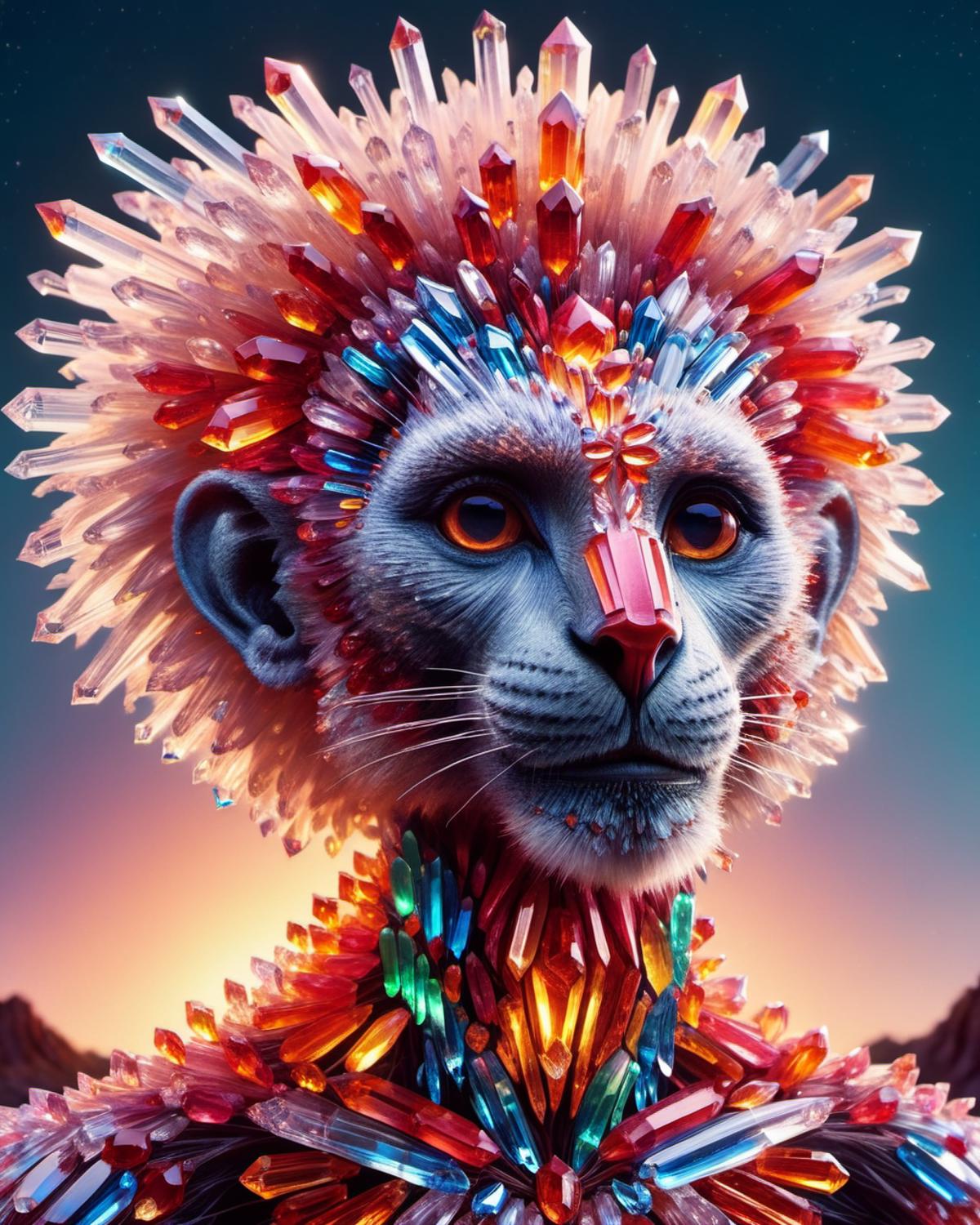 Colorful Monkey Head with Crystal Hair and Necklace.