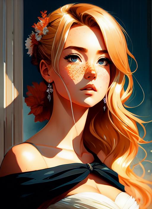 (samdoesart:1.1), (dreamlikeart:1) portrait of a beautiful girl with freckles wearing a strapless leg slit gown, highly detailed face, cleavage, dirty blonde hair, tanned skin, collarbone focus, (medieval: 1.2), masterpiece, illustration, (thick outlines:1.2), drawn by Inoue Takehiko, (Yoji Shinkawa:0.9), Jakub Rozalski, (kuvshinov: 1), style-empire, (collarbone)