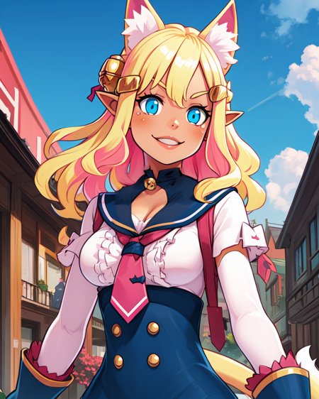 pirilika,cat ears,pointy ears,blonde hair,long sleeves,school uniform,hair ornament,gold hair clip,cat tail,
pink tie,smile,cleavage, neck bell, 
upper body standing,festival,outside,
(insanely detailed, beautiful detailed face, masterpiece, best quality),<lora:Pirilika-10v8:0.8>,