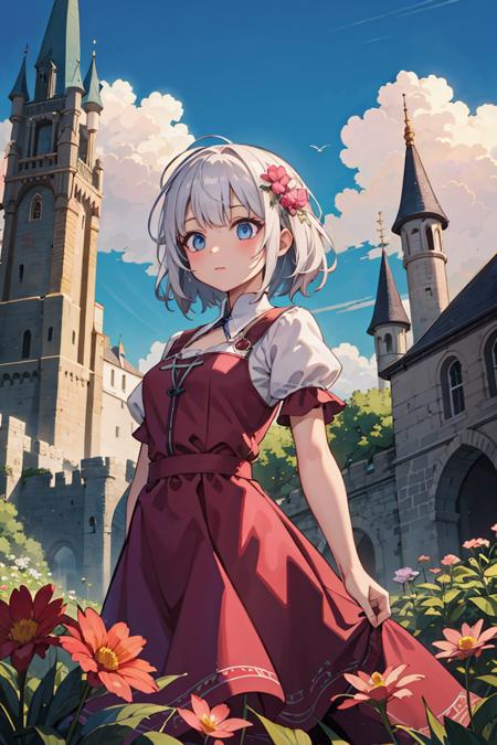 (masterpiece), best quality, high resolution, extremely detailed, detailed background, cinematic lighting, 1girl, princess pink dress, flowers, white messy hair, outdoor, clouds, fantasy, medieval, castle