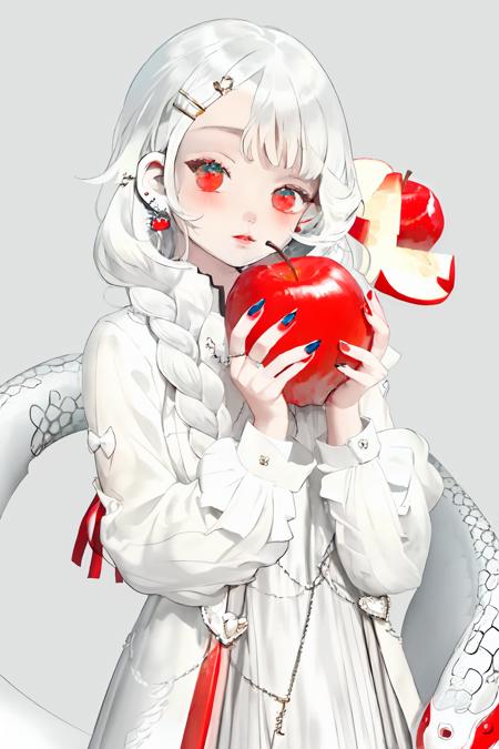 1girl, solo, long hair, looking at viewer, blush, simple background, hair ornament, red eyes, long sleeves, white background, dress, bow, holding, jewelry, upper body, white hair, heart, earrings, parted lips, food, hairclip, nail polish, white dress, fruit, piercing, ring, holding food, ear piercing, pale skin, red nails, snake, heart hair ornament, apple, holding fruit, albino, red apple, white snake,
 <lora:karohroka:1>