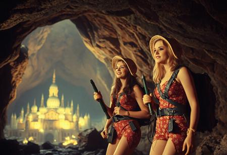 cinematic photograph, three women astro-explorers exploring a cave  discover lost city  ,1960s adventure b-movie science fiction film, technicolor,