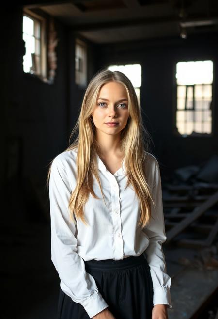 Shot on iPhone photo of a young woman with blonde hair, standing in an abandoned dark building, wearing a white shirt and black skirt. She has a neutral, slight smile. Soft natural light from broken windows illuminates her face and outfit, realistic shadows around. In the background, ruined walls and construction debris. Authentic, lively, smartphone photo, unedited, as if taken on a phone.