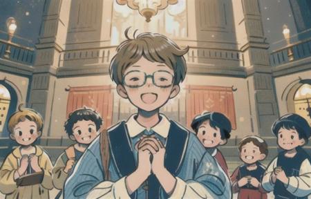 smile, short hair, open mouth, blue eyes, blonde hair, brown hair, black hair, long sleeves, holding, brown eyes, green eyes, closed eyes, :d, male focus, multiple boys, glasses, indoors, looking at another, :o, own hands together, 6+boys, robe, lantern, candle, male child, church, chandelier,, (facing camera:1.2), rich vivid detailed background