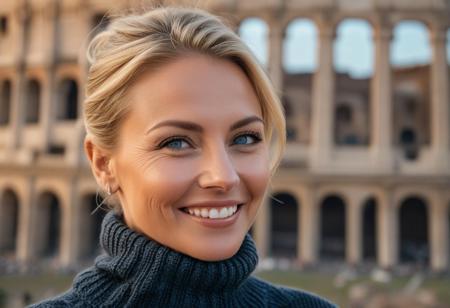 A hyper-detailed, high-resolution (8K) close-up portrait of a 40-year-old woman with sleek blonde hair tied back, wearing an oversized detailed charcoal gray knit sweater. Her striking blue eyes gleam with warmth, framed by delicate laugh lines that enhance her inviting charm. Subtle wrinkles on her face, natural skin texture, detailed natural skin. Her face is brightly lit by soft, diffused daylight, highlighting every subtle texture. She is facing the camera directly with her hands gently cupping her face. The background shows the Colosseum in Rome, bathed in warm, late afternoon light.