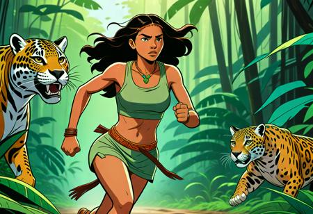 action scene, side view of a young indigenous Brazilian woman running side by side with a jaguar in Amazonia rainforest, in anime comic book style, movement lines